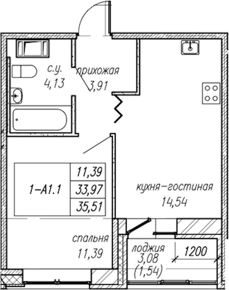 1-комнатная квартира 35.51 м², 9/9 эт., ЖК «Уютный»