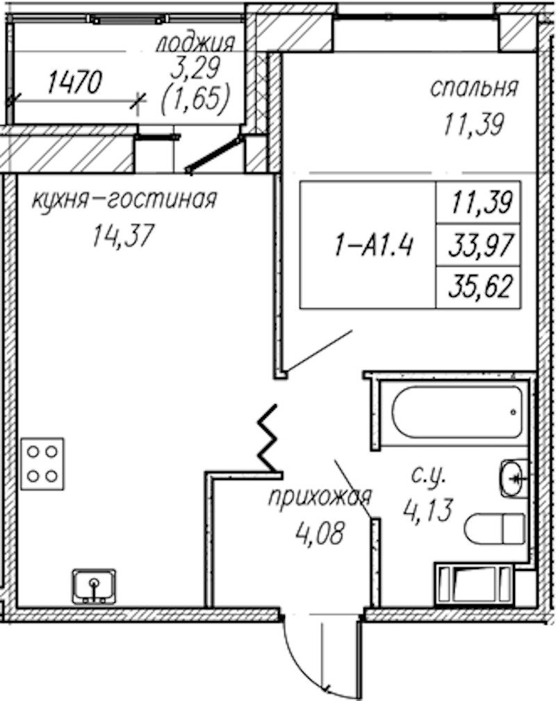 1-комнатная квартира 35.62 м², 9/9 эт., ЖК «Уютный»