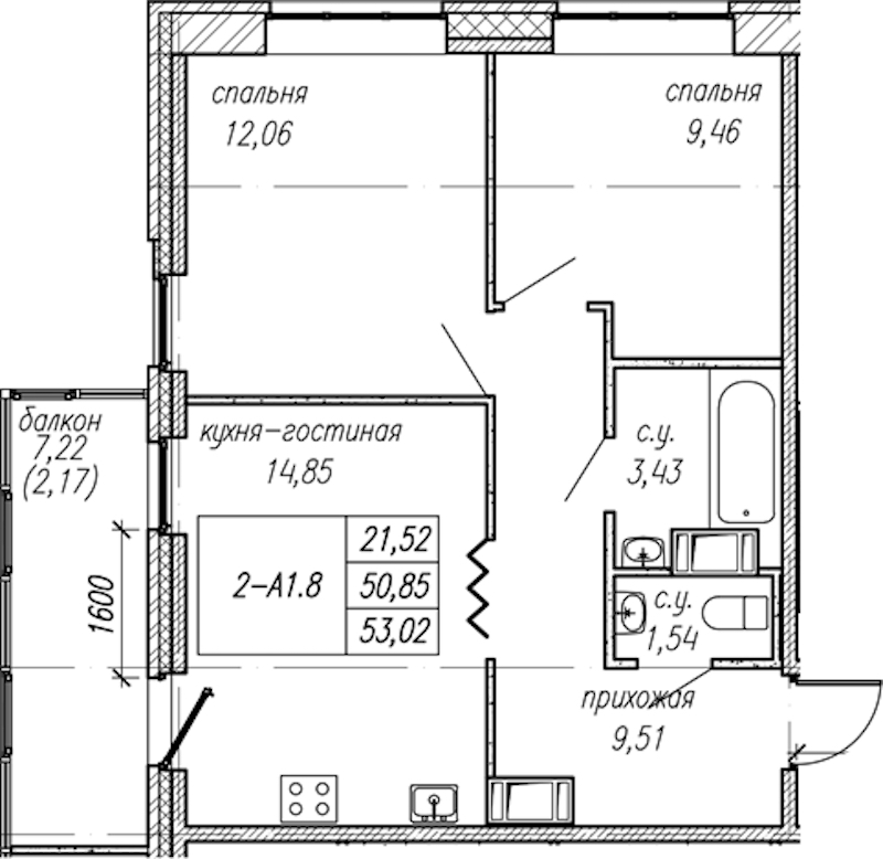 2-комнатная квартира 53.02 м², 9/9 эт., ЖК «Уютный»
