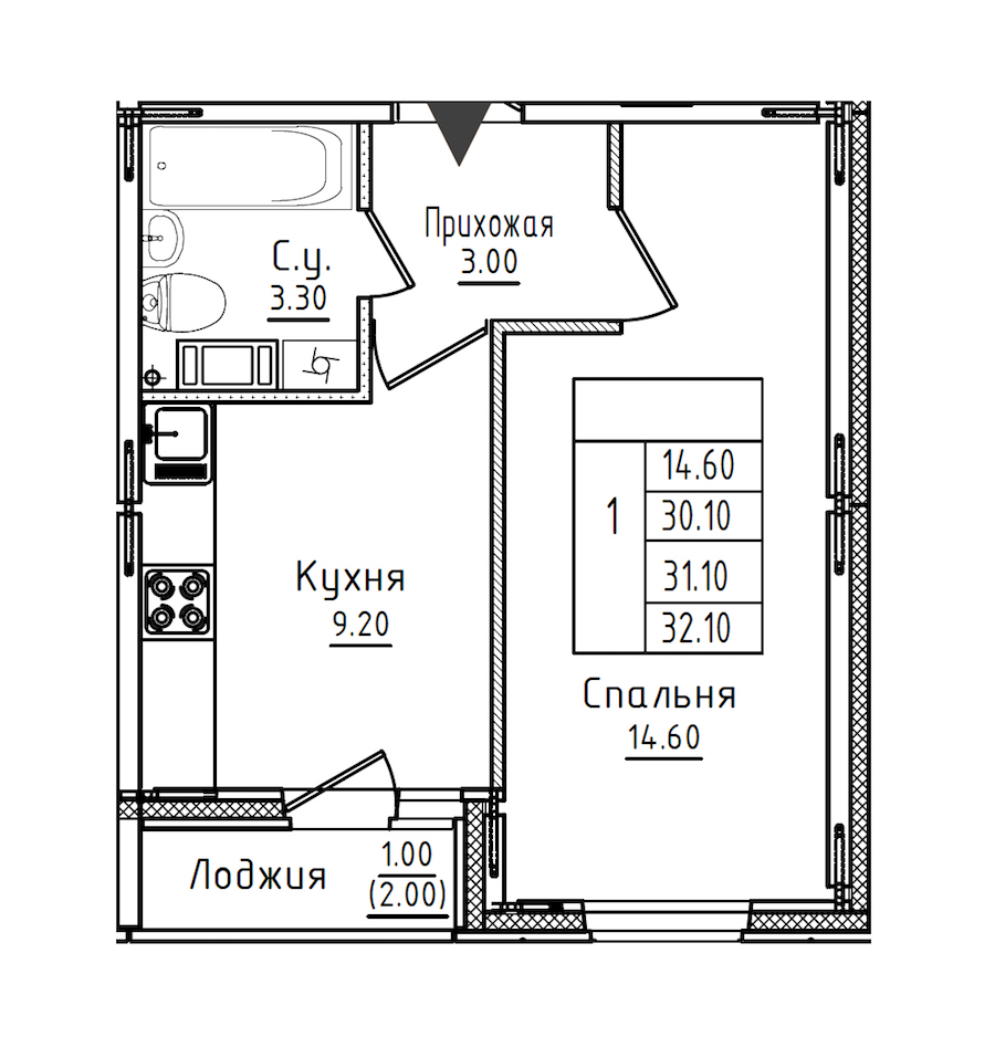 1-комнатная квартира 31.3 м², 3/8 эт., ЖК «Дуэт»