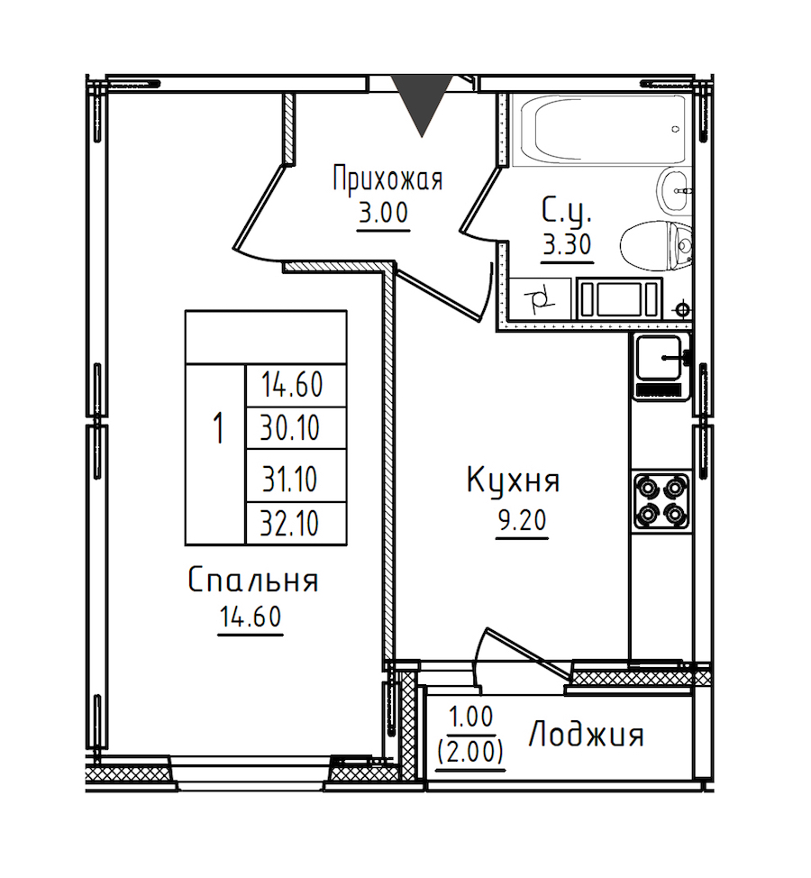 1-комнатная квартира 31.3 м², 4/8 эт., ЖК «Дуэт»