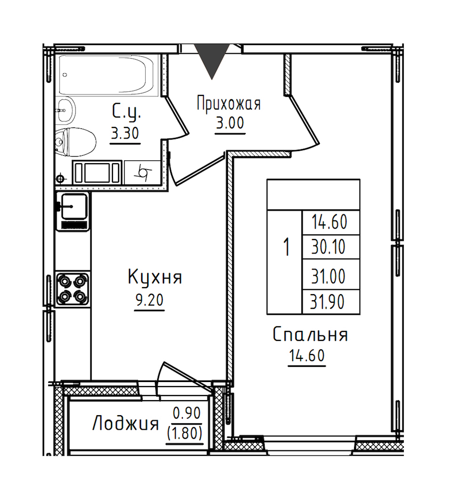 1-комнатная квартира 31.2 м², 6/8 эт., ЖК «Дуэт»