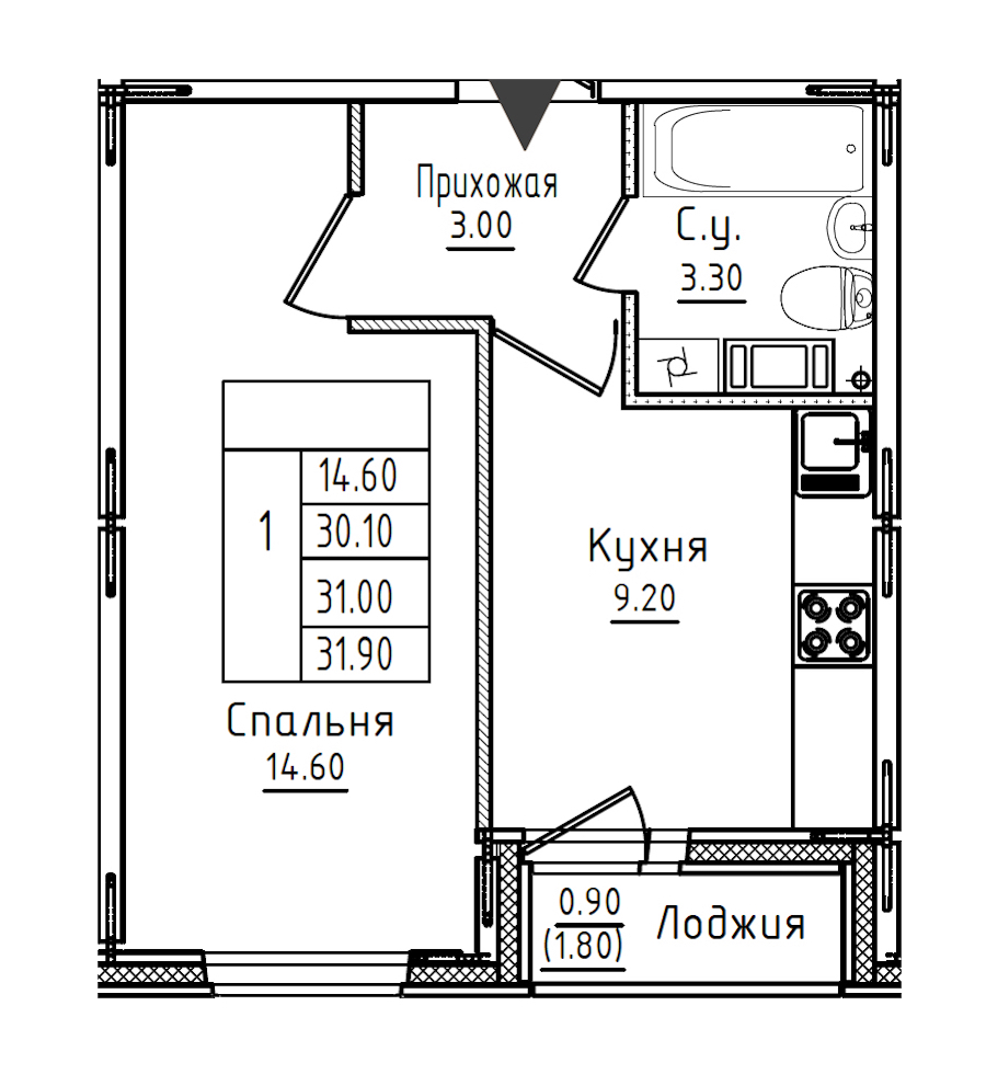 1-комнатная квартира 31.3 м², 6/8 эт., ЖК «Дуэт»
