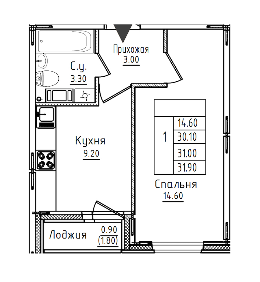 1-комнатная квартира 31.3 м², 7/8 эт., ЖК «Дуэт»