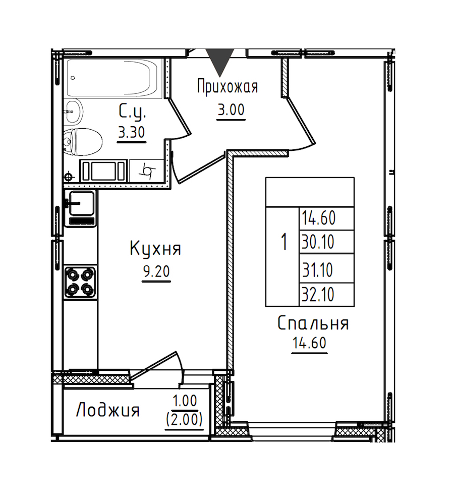 1-комнатная квартира 31.3 м², 7/8 эт., ЖК «Дуэт»