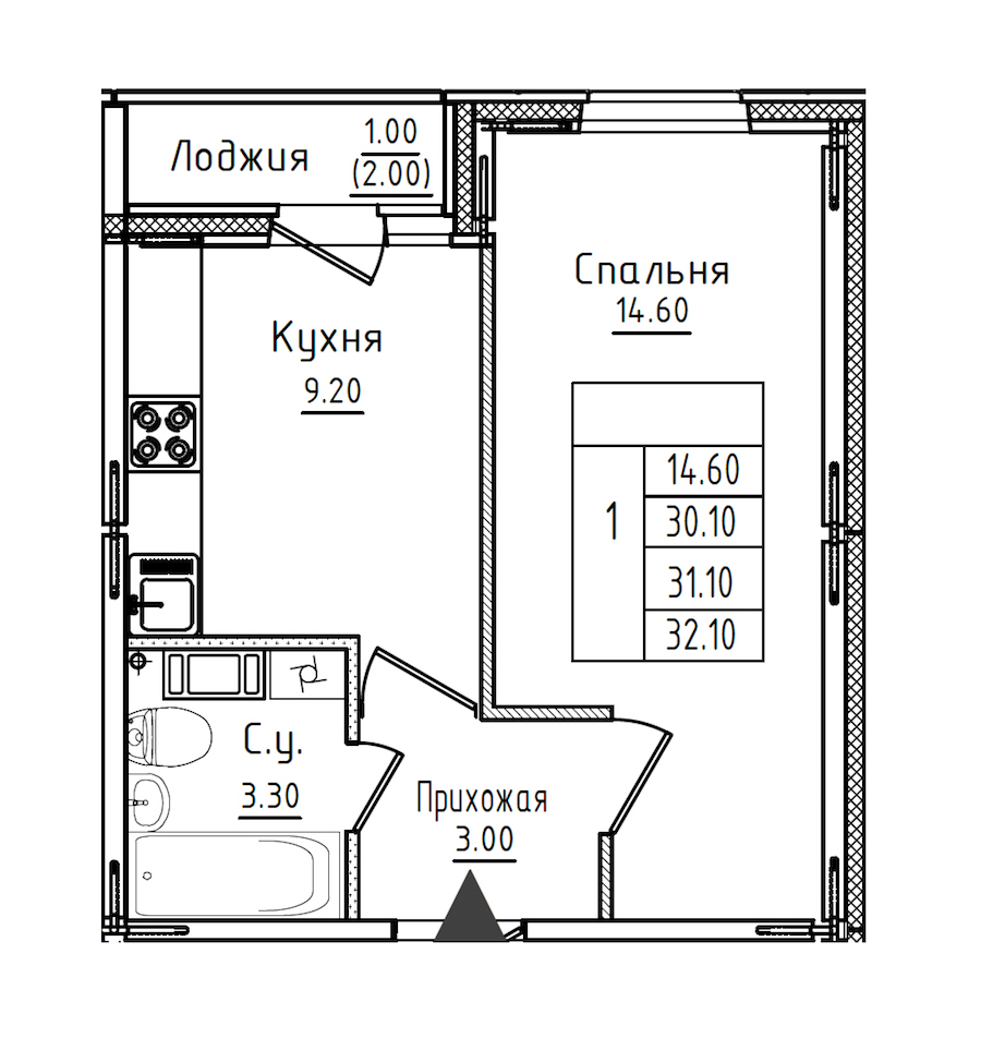 1-комнатная квартира 31.4 м², 6/8 эт., ЖК «Дуэт»