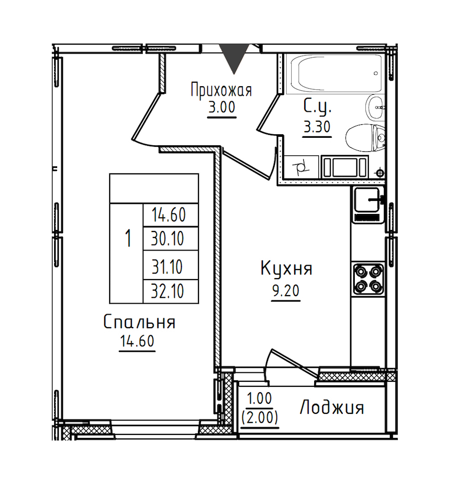 1-комнатная квартира 31.3 м², 6/8 эт., ЖК «Дуэт»