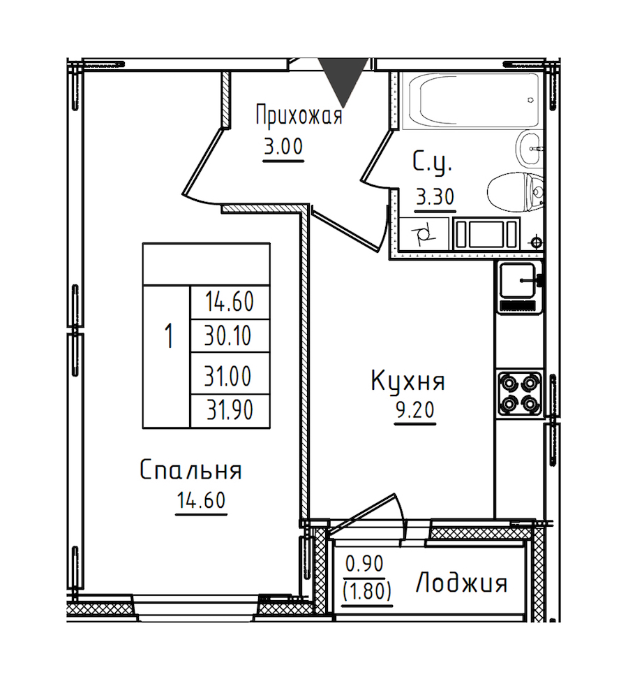 1-комнатная квартира 31.2 м², 5/8 эт., ЖК «Дуэт»
