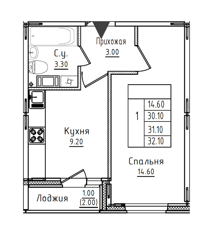 1-комнатная квартира 31.3 м², 7/8 эт., ЖК «Дуэт»