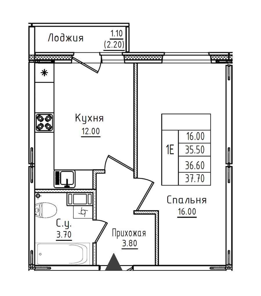 1-комнатная квартира 36.6 м², 5/8 эт., ЖК «Дуэт»