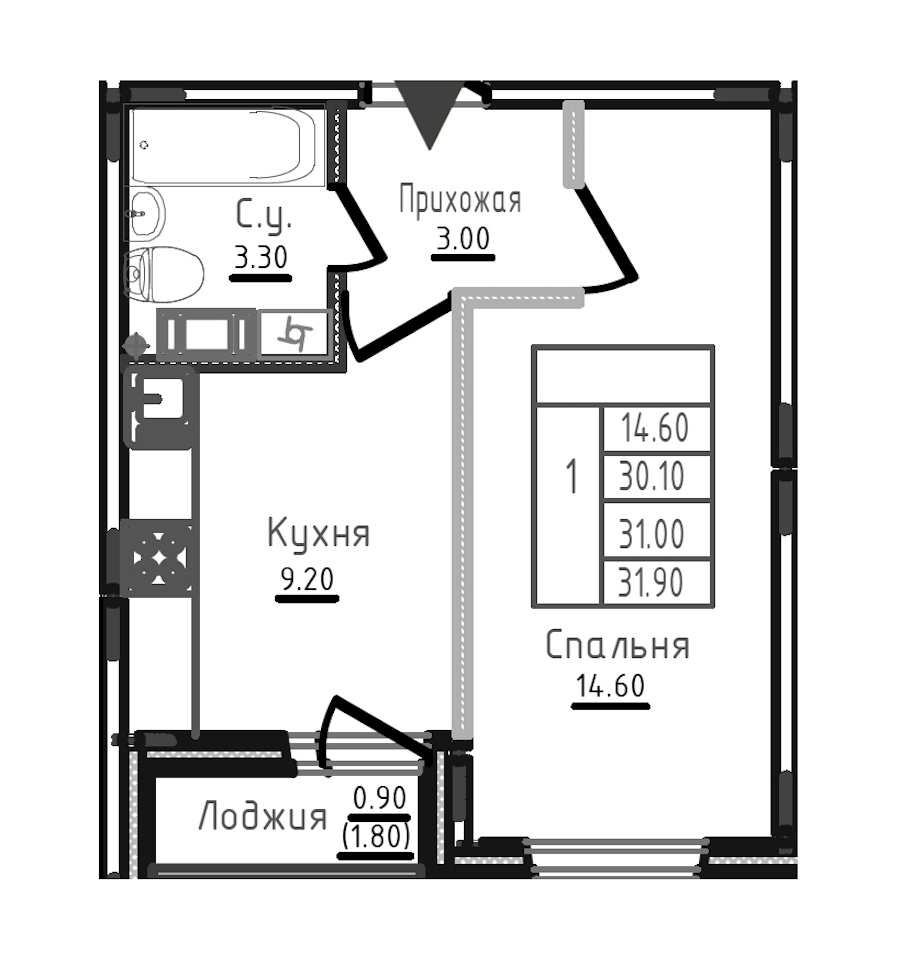 1-комнатная квартира 31.6 м², 6/8 эт., ЖК «Дуэт»
