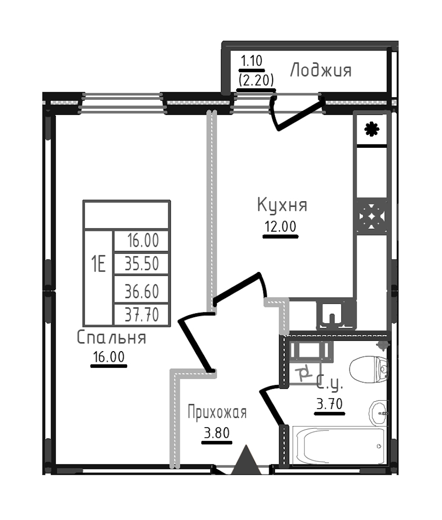 1-комнатная квартира 36.5 м², 4/8 эт., ЖК «Дуэт»