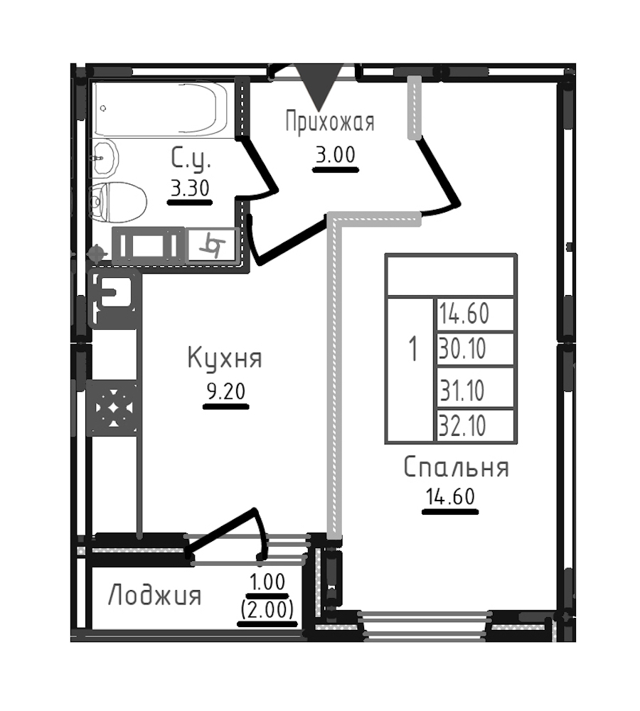 1-комнатная квартира 31.3 м², 6/8 эт., ЖК «Дуэт»