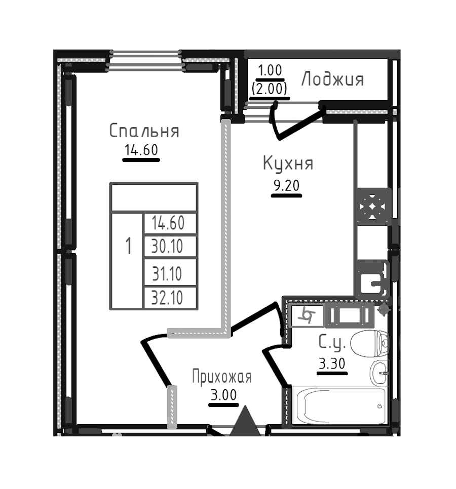 1-комнатная квартира 31.3 м², 6/8 эт., ЖК «Дуэт»
