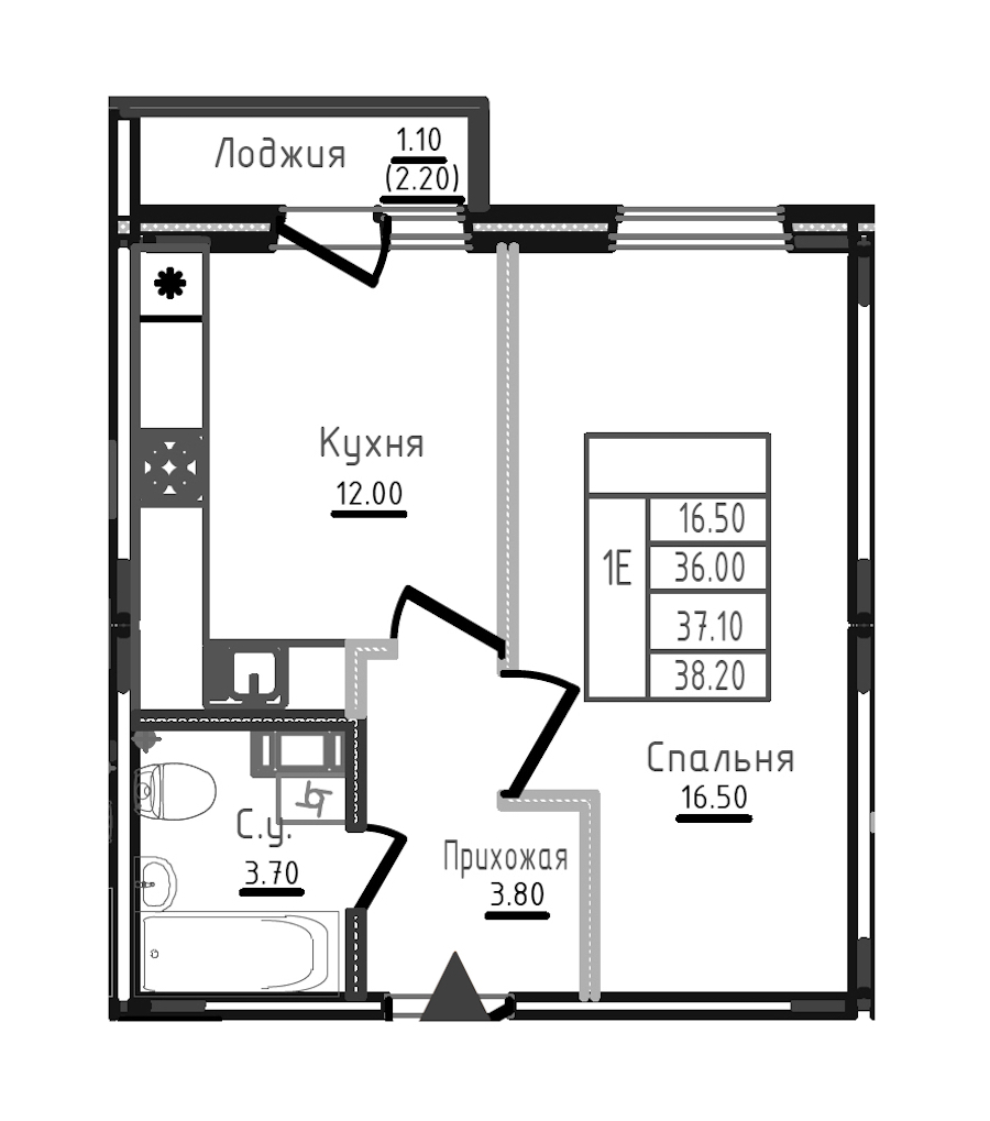 1-комнатная квартира 37.2 м², 4/8 эт., ЖК «Дуэт»