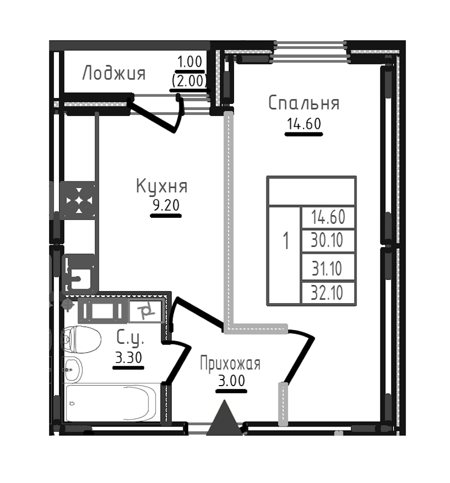 1-комнатная квартира 31.3 м², 6/8 эт., ЖК «Дуэт»