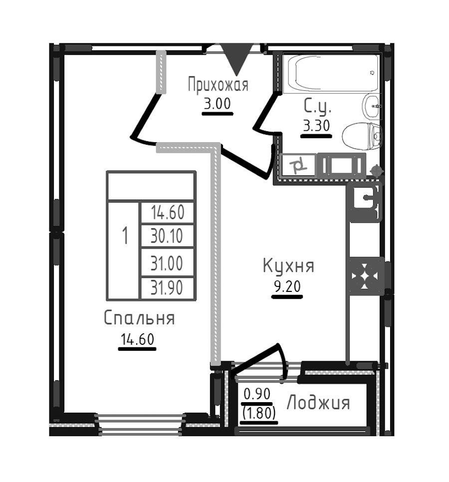 1-комнатная квартира 31 м², 8/8 эт., ЖК «Дуэт»