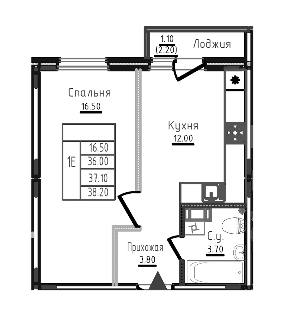 1-комнатная квартира 37.2 м², 7/8 эт., ЖК «Дуэт»