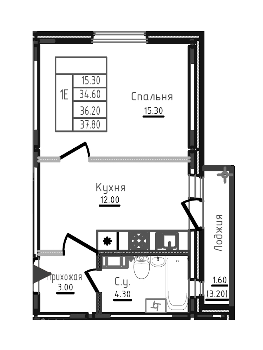 1-комнатная квартира 36.2 м², 4/8 эт., ЖК «Дуэт»