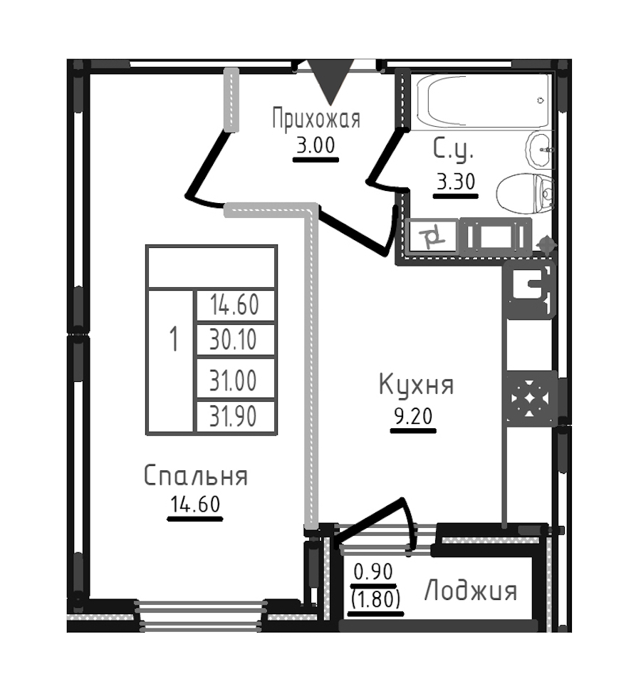 1-комнатная квартира 31.2 м², 6/8 эт., ЖК «Дуэт»
