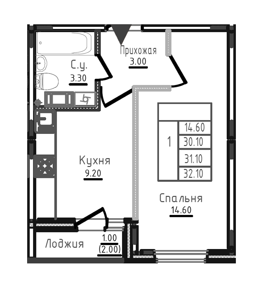 1-комнатная квартира 31.7 м², 6/8 эт., ЖК «Дуэт»