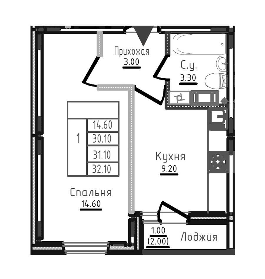 1-комнатная квартира 31.3 м², 6/8 эт., ЖК «Дуэт»