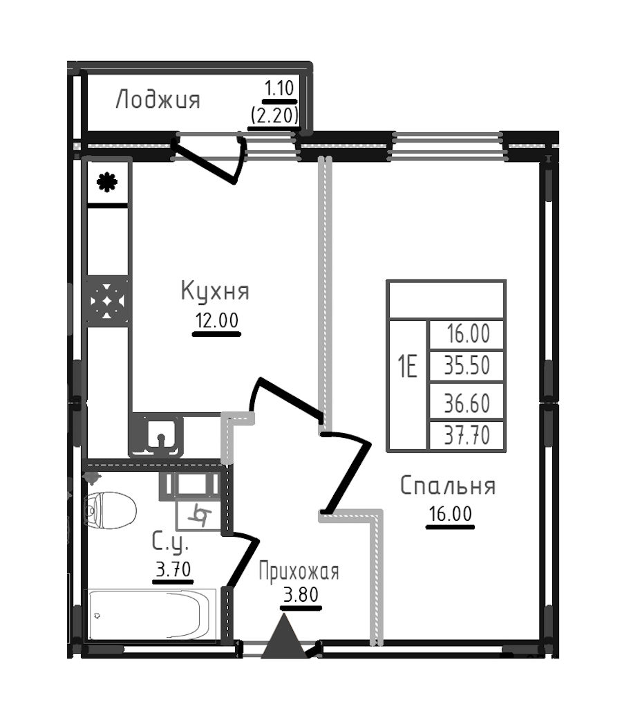 1-комнатная квартира 36.5 м², 5/8 эт., ЖК «Дуэт»