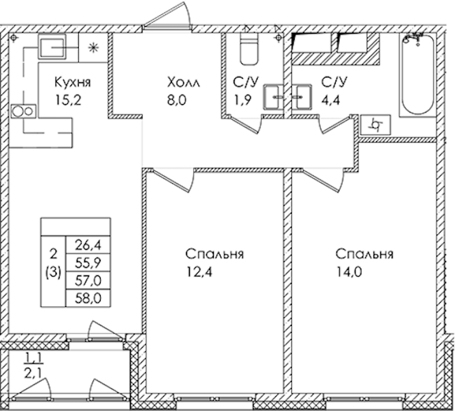 2-комнатная квартира 57 м², 1/9 эт., ЖК «Дзета»
