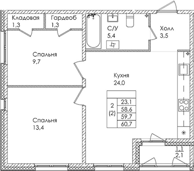 2-комнатная квартира 59.7 м², 1/9 эт., ЖК «Дзета»
