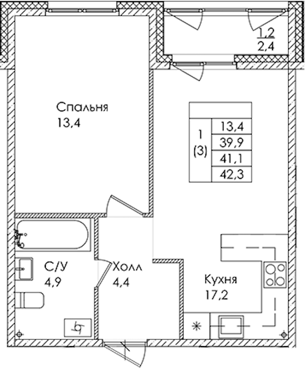 1-комнатная квартира 41.1 м², 1/9 эт., ЖК «Дзета»