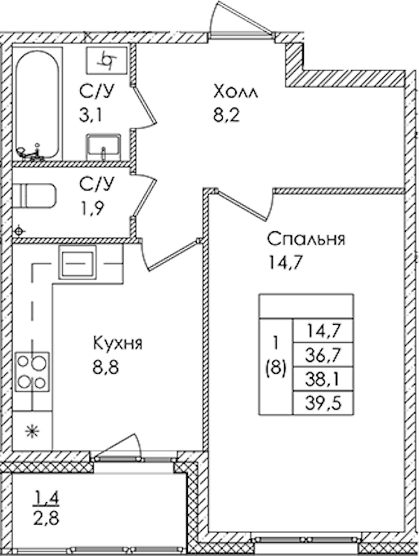 1-комнатная квартира 38.1 м², 2/9 эт., ЖК «Дзета»