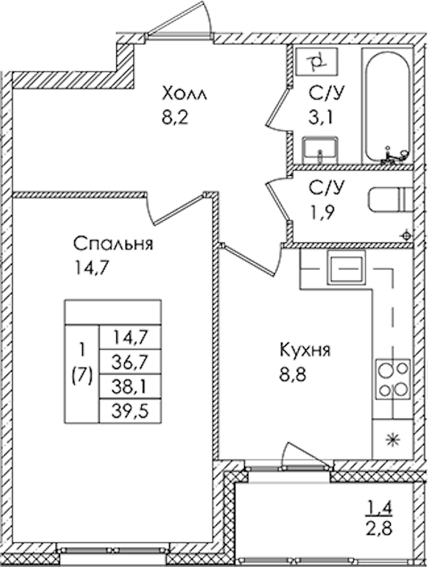 1-комнатная квартира 38.1 м², 2/9 эт., ЖК «Дзета»