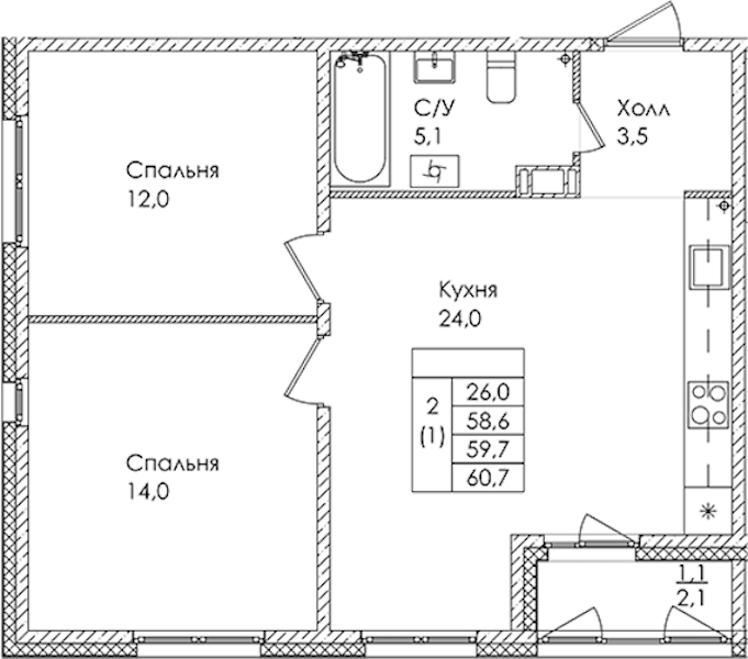 2-комнатная квартира 59.7 м², 3/9 эт., ЖК «Дзета»