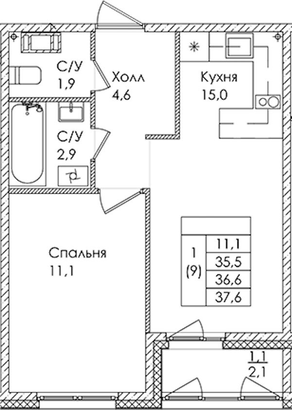 1-комнатная квартира 36.6 м², 4/9 эт., ЖК «Дзета»