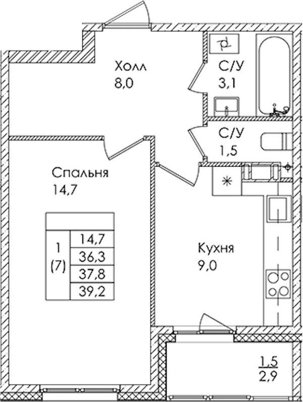 1-комнатная квартира 37.8 м², 4/9 эт., ЖК «Дзета»