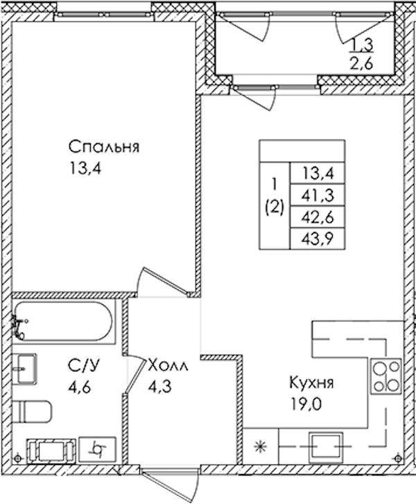 1-комнатная квартира 42.6 м², 4/9 эт., ЖК «Дзета»