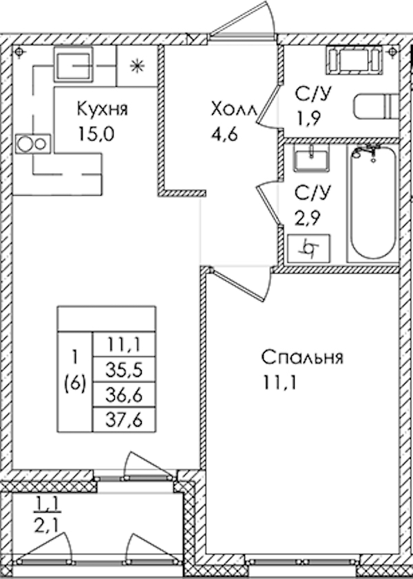 1-комнатная квартира 36.6 м², 5/9 эт., ЖК «Дзета»