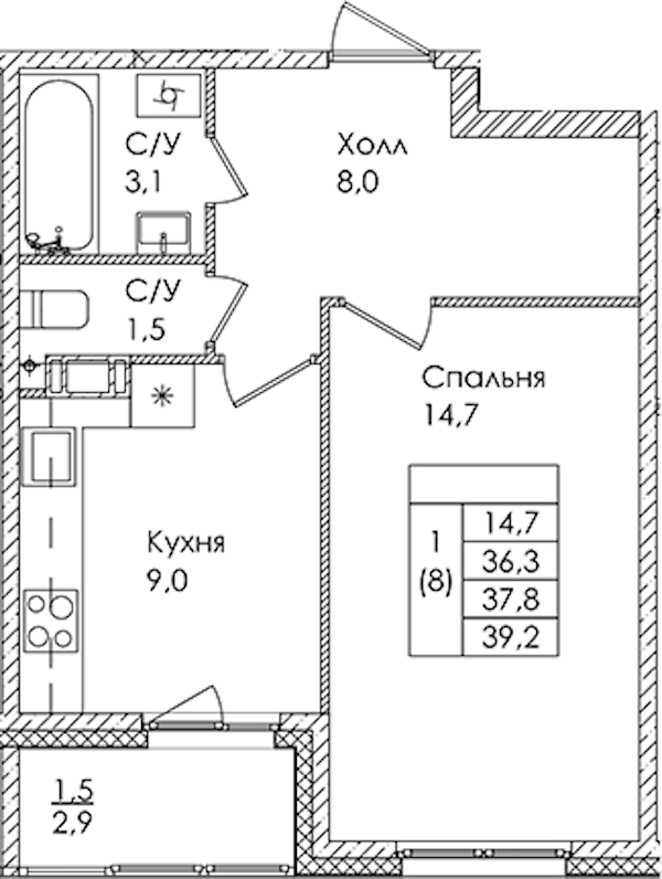 1-комнатная квартира 37.8 м², 6/9 эт., ЖК «Дзета»