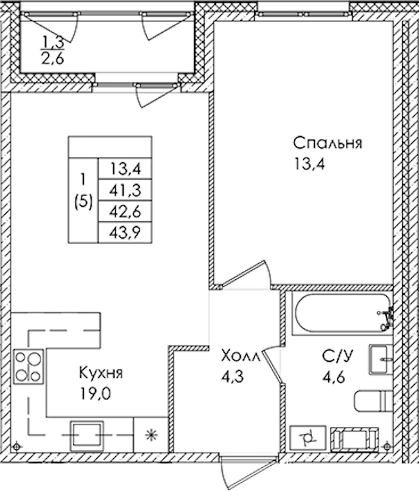 1-комнатная квартира 42.6 м², 7/9 эт., ЖК «Дзета»