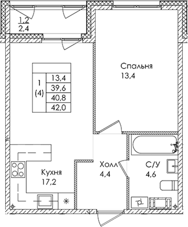 1-комнатная квартира 40.8 м², 9/9 эт., ЖК «Дзета»