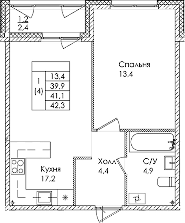 1-комнатная квартира 41.1 м², 1/9 эт., ЖК «Дзета»