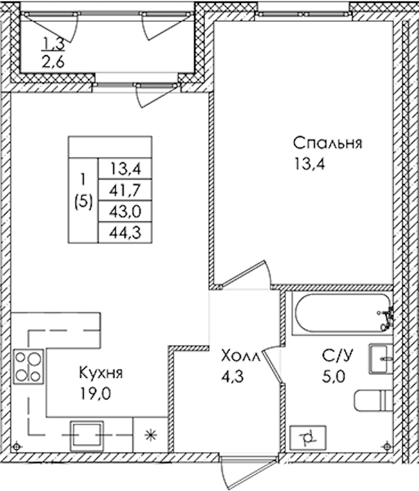 1-комнатная квартира 43 м², 1/9 эт., ЖК «Дзета»
