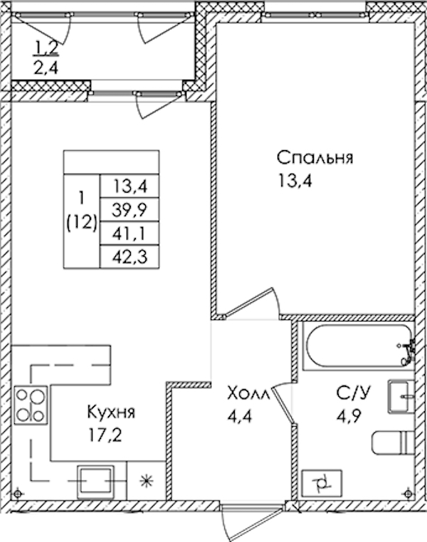 1-комнатная квартира 41.1 м², 1/9 эт., ЖК «Дзета»