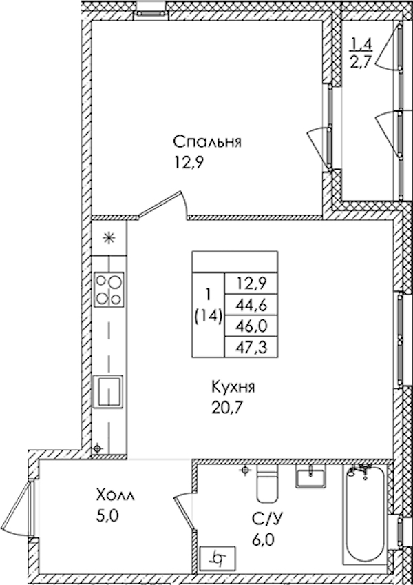1-комнатная квартира 46 м², 2/9 эт., ЖК «Дзета»