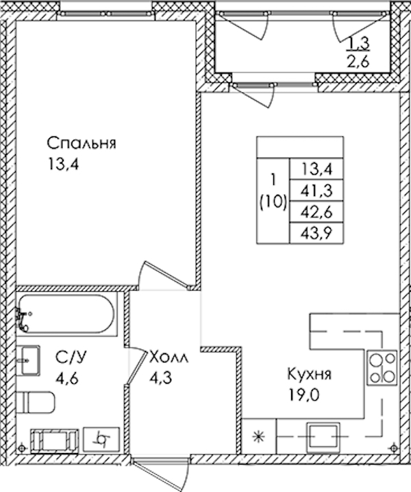 1-комнатная квартира 42.6 м², 2/9 эт., ЖК «Дзета»