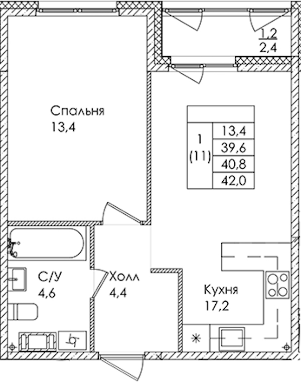 1-комнатная квартира 40.8 м², 2/9 эт., ЖК «Дзета»