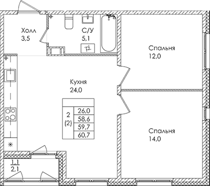 2-комнатная квартира 59.7 м², 4/9 эт., ЖК «Дзета»