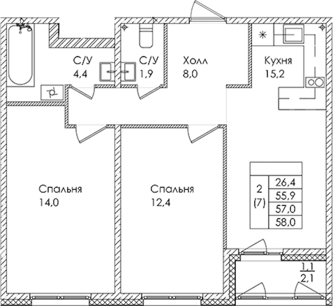 2-комнатная квартира 57 м², 1/9 эт., ЖК «Дзета»