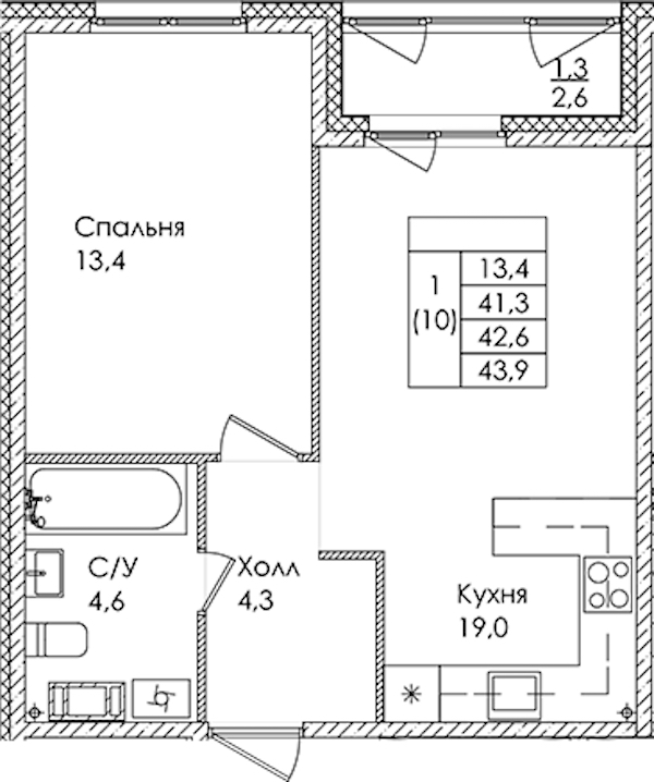 1-комнатная квартира 42.6 м², 5/9 эт., ЖК «Дзета»