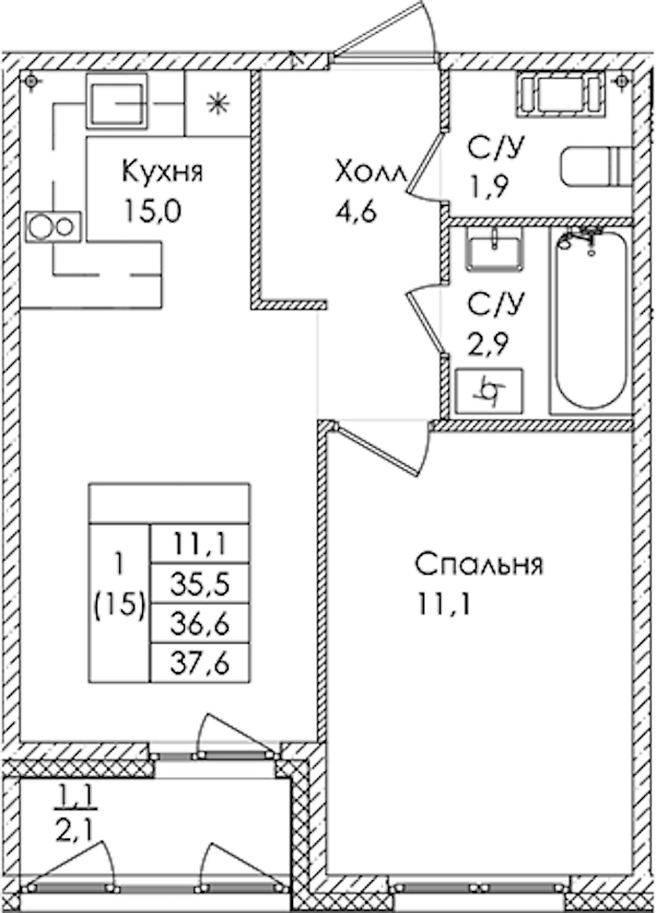 1-комнатная квартира 36.6 м², 6/9 эт., ЖК «Дзета»